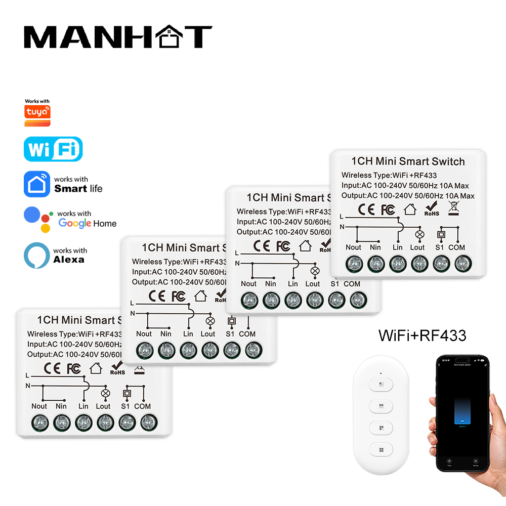Rf 433Mhz Module - 10A มินิ WIFI สมาร์ทสวิตช์ RF433Mhz รีโมทคอนโทรลไร้สายรีเลย์ไฟเบรกเกอร์ควบคุมด้วยเสียงระบบอัตโนมัติในบ้านทำงานทูย่า